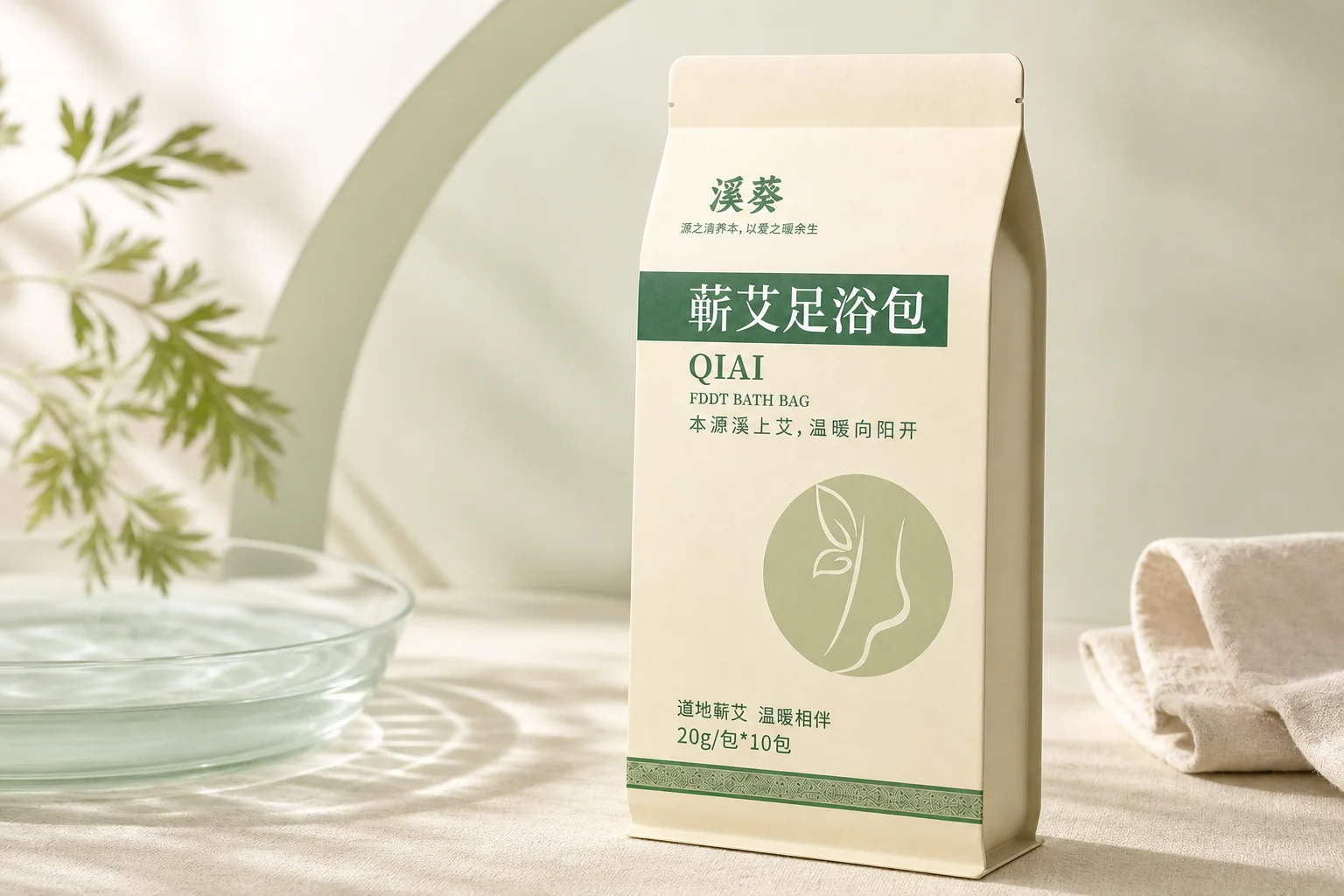 溪葵蕲艾足浴包与青瓷水钵的明亮东方美妆产品场景