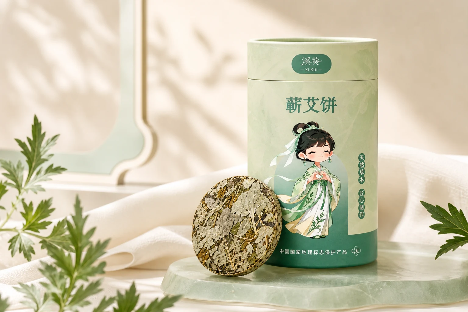 溪葵蕲艾饼圆筒包装与压制艾饼的明亮东方美妆产品场景