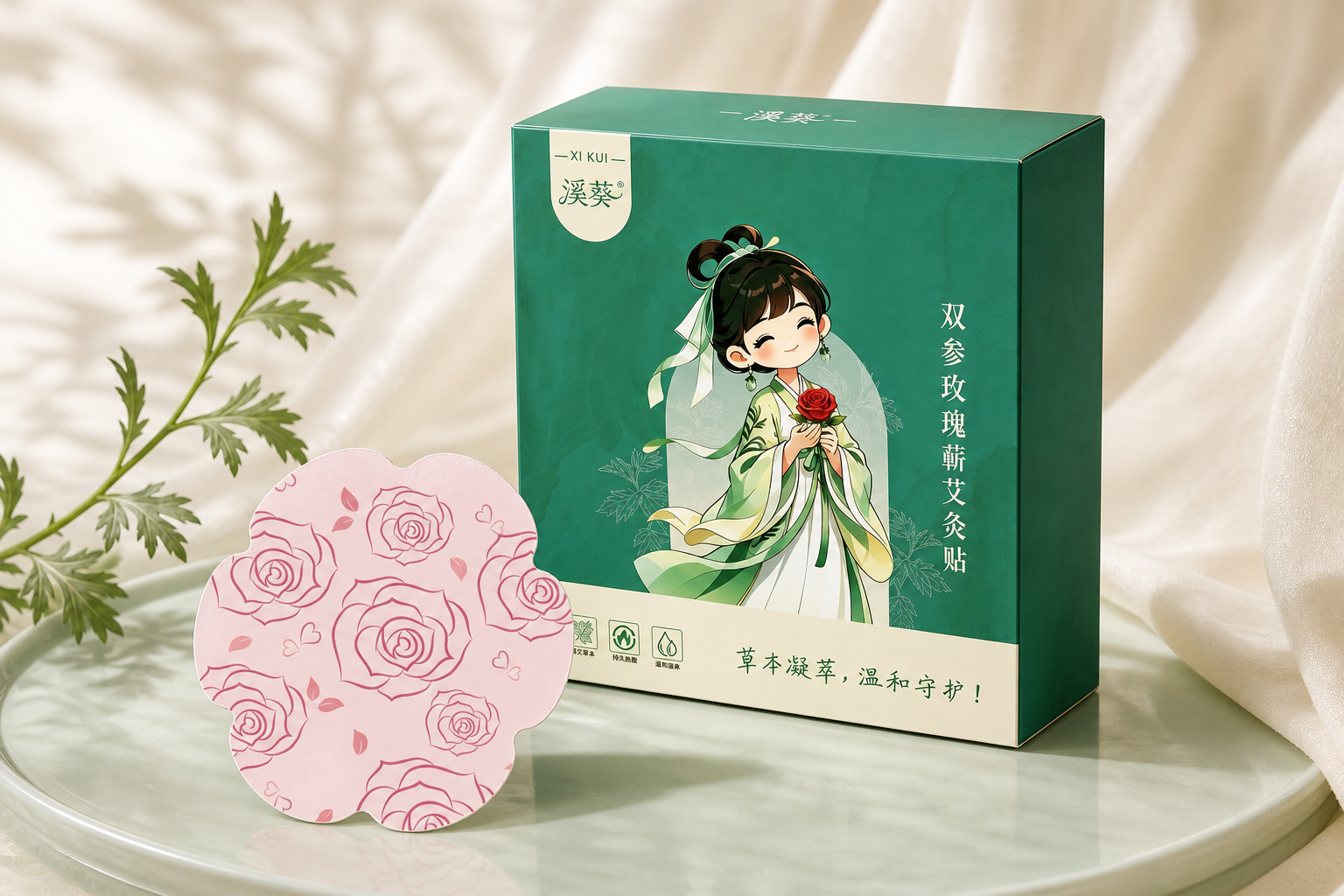 溪葵双参玫瑰蕲艾灸贴包装与花瓣形玫瑰印花贴片产品场景