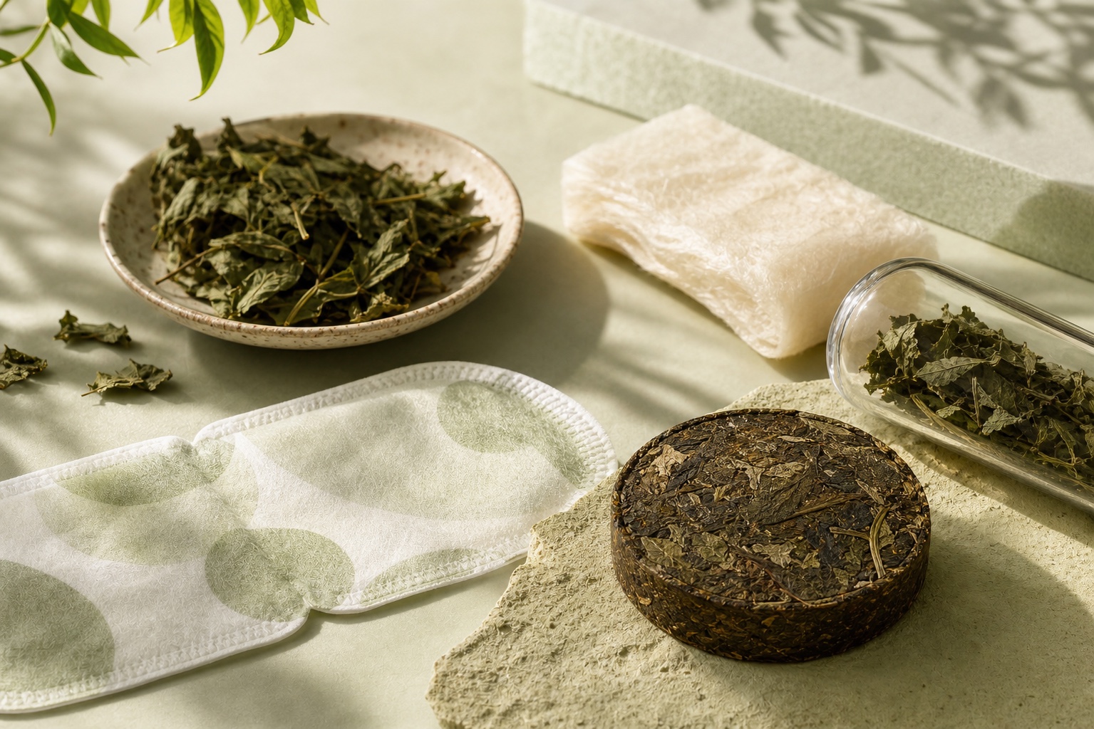 草本叶片、眼罩织物与护理材料组成的静物